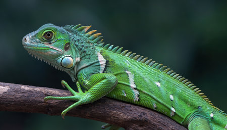 A close-up of a green iguana with detailed scales and spines, resting on a tree branch.の素材