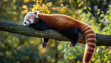 A red panda sleeps peacefully on a thick tree branch, its striped tail hanging down. The background is filled with soft, blurred autumn foliage.の素材