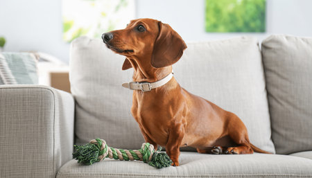 A cute brown dachshund dog with a collar sits on a comfortable couch, looking attentively to the side. A green rope toy rests beside it.の素材