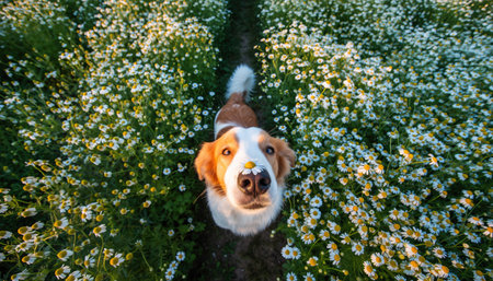 A beautiful Border Collie dog sits in a lush green field filled with white daisies, looking up at the camera with a curious expression.の素材