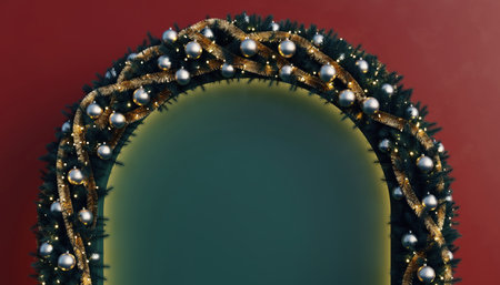 A beautifully decorated Christmas archway, adorned with shimmering ornaments and twinkling lights, creating a magical holiday entrance.の素材
