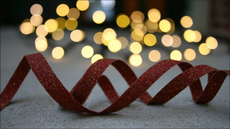 A curled, glittery red ribbon sits on a surface, with blurred golden lights creating a bokeh effect in the background, evoking a festive atmosphere.の素材
