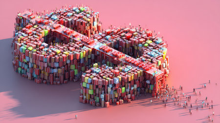 A large group of tiny people collaboratively forming a giant dollar sign, illustrating concepts of teamwork, financial growth, and economic power on a pink background.の素材