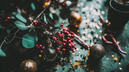 A close-up of a dark, moody holiday arrangement featuring red berries, eucalyptus leaves, and metallic ornaments scattered on a textured surface.の素材