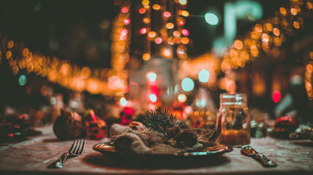 A beautifully set table with food and drinks, illuminated by warm bokeh lights, creating a cozy and festive atmosphere.の素材