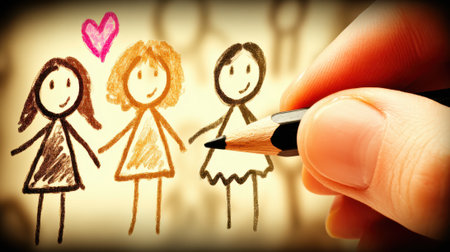 A hand sketches a drawing of three stick figure friends, with a heart symbol above them, representing friendship and love.の素材