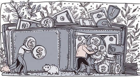An illustration depicting financial struggles and economic disparity, with individuals interacting with a large wallet filled with money and coins, surrounded by plants.の素材
