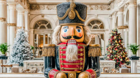 A large colorful nutcracker soldier statue stands as a festive centerpiece in an elegant hall decorated for Christmas with decorated trees and classical architecture.の素材