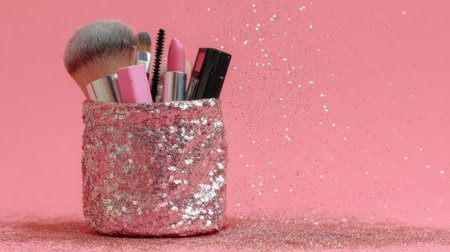 A collection of cosmetic tools including brushes and lipsticks stored in a shimmering pink sequin container against a solid pink backdrop with scattered glitter.の素材
