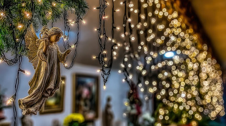 A close-up of a golden angel ornament hanging among festive fairy lights. A beautifully decorated Christmas tree with warm bokeh lights is blurred in the background.の素材