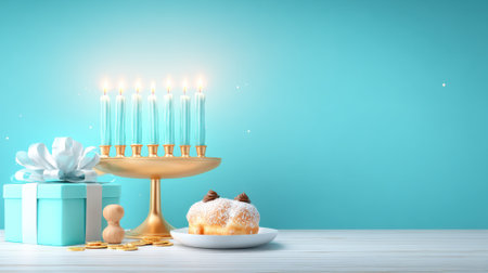A festive Hanukkah scene featuring a lit menorah, a gift box with a bow, and a piece of cake on a plate, all set against a teal background.の素材