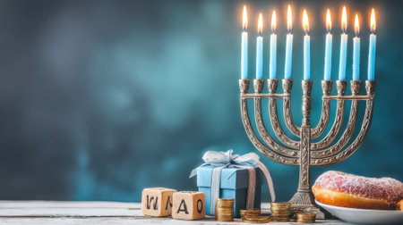 A beautifully lit menorah with blue candles stands beside a small gift, dreidel blocks, chocolate coins, and a donut, celebrating the Jewish holiday of Hanukkah.の素材