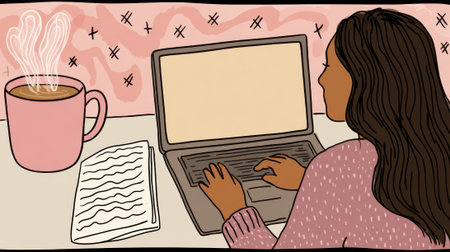A hand drawn illustration of a woman in a pink sweater typing on a laptop. A steaming mug of coffee and a notebook are on the desk. Concept of remote work or studying.の素材