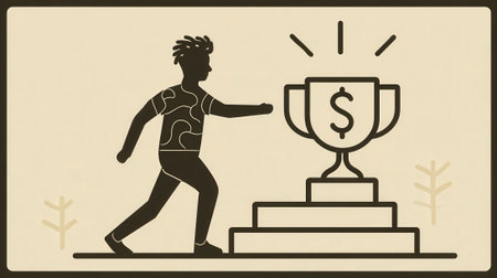 Silhouette of a person climbing stairs towards a trophy with a dollar sign, representing achievement and financial goals.の素材