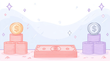 A colorful illustration featuring stacks of coins, a dollar bill, and sparkling accents, ideal for finance or business themes.の素材