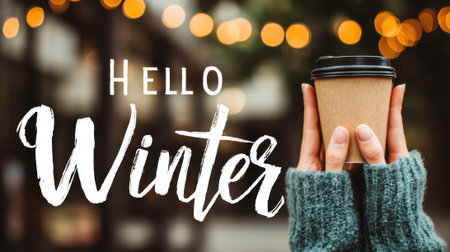A cozy winter scene featuring the text Hello Winter in a stylish font, accompanied by hands in a warm sweater holding a disposable coffee cup, set against a blurred background of festive bokeh lights.の素材
