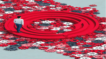 A man stands at the entrance of a large, red, circular maze, symbolizing a complex challenge or decision. The maze is surrounded by a multitude of gears, representing industry, mechanics, and the interconnectedness of systems.の素材