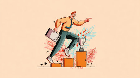 A stylized illustration depicts a businessman ascending steps towards a trophy, symbolizing achievement and career progression in a modern design.の素材