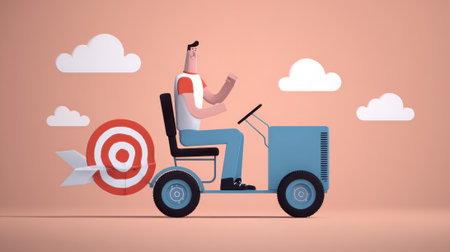A 3D rendered illustration of a man driving a simplified car, with a bullseye target replacing one of the rear wheels, indicating focus on goals and moving forward. The scene is set against a light orange background with stylized clouds.の素材