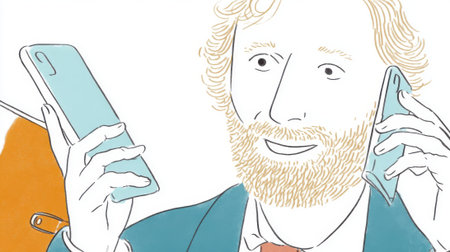 An illustration of a man holding two smartphones, symbolizing multitasking, digital communication, and the fast-paced nature of modern connectivity.の素材