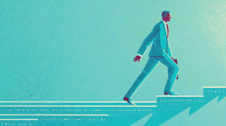 A man in a blue suit walks up a staircase, symbolizing progress and success. The background is a gradient of teal and yellow.の素材