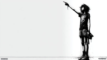 A high-contrast, black and white image featuring a slender figure pointing upwards, holding a camera, against a stark white background. The figures silhouette creates a striking visual.の素材