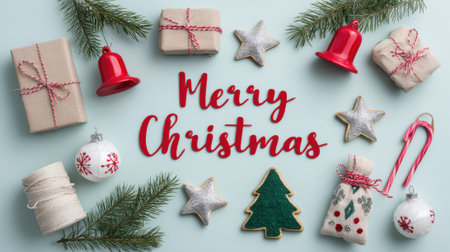 A top-down view of a Merry Christmas greeting surrounded by various holiday decorations, including wrapped gifts, red bells, star ornaments, and green pine needles, all arranged on a soft blue surface, evoking a joyful and celebratory winter holiday spirit.の素材