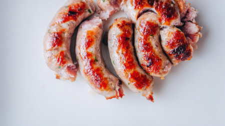 Close-up of grilled sausages arranged on a white plate, showcasing their appetizing appearance and inviting aroma.の素材