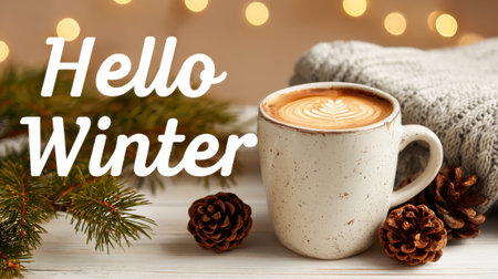 A warm mug of cappuccino with latte art next to a cozy knitted sweater, pine branches, and cones. The background features festive bokeh lights and the text Hello Winter.の素材