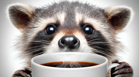 A close-up shot of a raccoon holding a coffee cup, showcasing its curious expression and the rich dark coffee.の素材