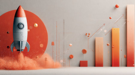 A rocket taking off with a growth chart in the background, symbolizing business startup and success.の素材