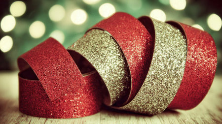 A festive close-up of a shimmering red and gold glitter ribbon, coiled on a rustic wooden surface, with a soft background of blurred green and white bokeh lights, evoking a holiday atmosphere.の素材