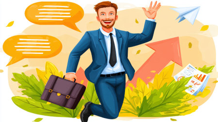 A cheerful businessman in a suit jumps with a briefcase, an upward arrow, and speech bubbles, symbolizing success and growth.の素材