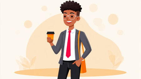 A cheerful young man with curly hair and glasses, dressed in a suit and tie, holds a coffee cup and carries a shoulder bag, exuding a positive and professional vibe.の素材