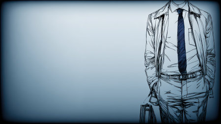 An artistic sketch of a man in a suit, hands in pockets, with a tie, and a trench coat.の素材