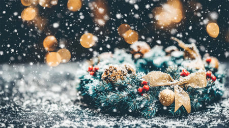 Close up of a festive holiday wreath with red berries and a gold ribbon covered in falling snow. The background features beautiful blurred golden lights for a cozy feel.の素材