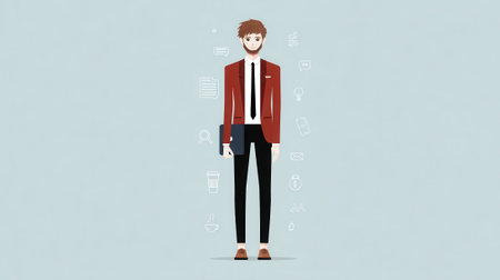 A well-dressed man with a beard, wearing a red blazer, black pants, and a tie, holding a book, standing in front of a light blue background.の素材