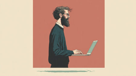 A minimalist vector illustration of a man with a beard and glasses standing in profile while typing on a laptop. The background is a simple color block design.の素材