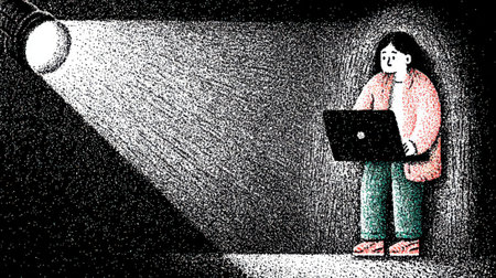 A textured digital illustration depicts a woman holding a laptop, illuminated by a bright spotlight in an otherwise dark room, emphasizing focus and isolation.の素材