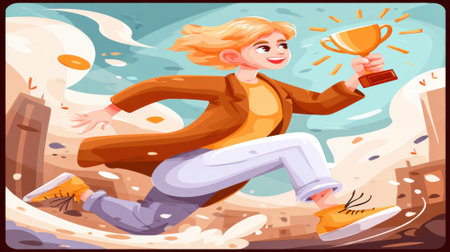 A woman with blonde hair in a brown coat and white pants runs with a trophy in her hand, celebrating a win. The background is abstract and colorful.の素材