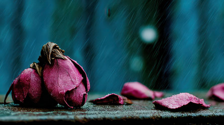 A close-up of wilted roses and scattered petals on a weathered surface, evoking themes of decay, loss, and the passage of time.の素材