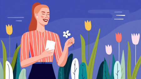 An illustration of a woman in a field of flowers, holding a phone and smiling, with a blue background and other flowers.の素材