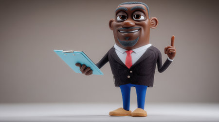 A cheerful 3D cartoon businessman in a suit holds a clipboard and raises his index finger, suggesting an idea or important point.の素材