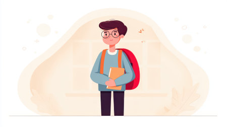Illustration of a young student with glasses, a backpack, and books, standing in front of a light background.の素材