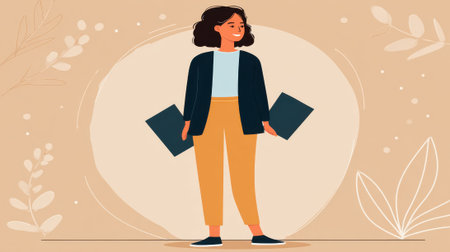 A stylishly dressed young woman stands confidently, holding two folders, against a soft, neutral background with subtle floral illustrations.の素材