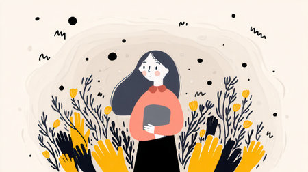 A stylized illustration of a woman holding a book, surrounded by a vibrant display of yellow flowers and numerous raised hands in yellow and black.の素材