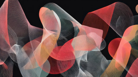 An abstract composition featuring translucent shapes in red, orange, and white, creating a dynamic and ethereal visual effect against a stark black backdrop.の素材