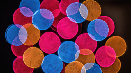 A vibrant abstract background featuring a collection of colorful bokeh lights in pink, blue, and orange, creating a visually appealing and festive effect.の素材