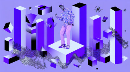 A stylized digital illustration featuring a figure standing on a cube amidst geometric shapes in shades of purple, white, and black, creating a surreal and modern scene.の素材