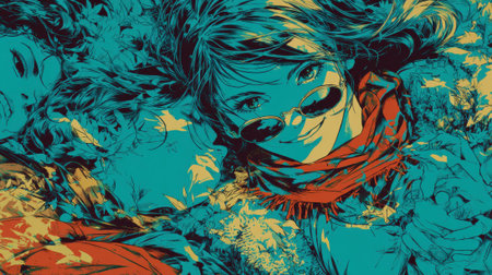 A stylized graphic illustration of a person with a red scarf lying down amidst abstract teal and yellow shapes, creating a modern and emotional pop art aesthetic.の素材